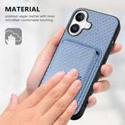 For iPhone 16 Carbon Fiber Leather Card Magsafe Phone Case(Blue)