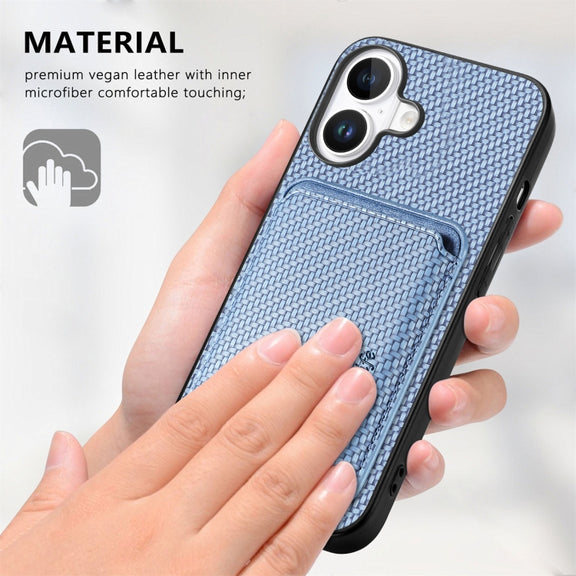 For iPhone 16 Carbon Fiber Leather Card Magsafe Phone Case(Blue)