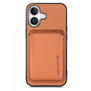 For iPhone 16 Carbon Fiber Leather Card Magsafe Phone Case(Brown)