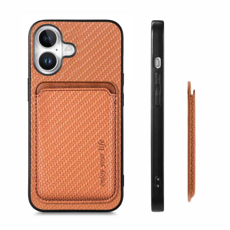 For iPhone 16 Carbon Fiber Leather Card Magsafe Phone Case(Brown)
