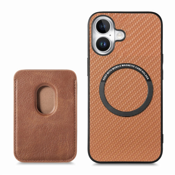 For iPhone 16 Carbon Fiber Leather Card Magsafe Phone Case(Brown)