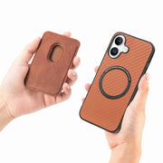 For iPhone 16 Carbon Fiber Leather Card Magsafe Phone Case(Brown)