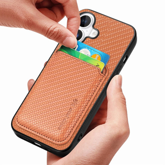 For iPhone 16 Carbon Fiber Leather Card Magsafe Phone Case(Brown)