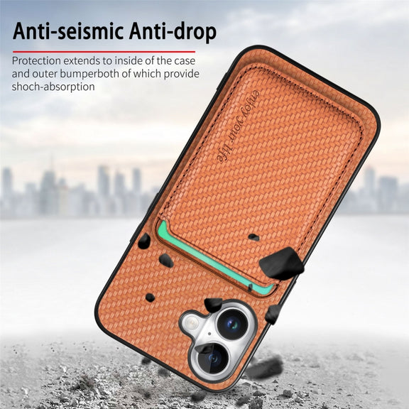 For iPhone 16 Carbon Fiber Leather Card Magsafe Phone Case(Brown)