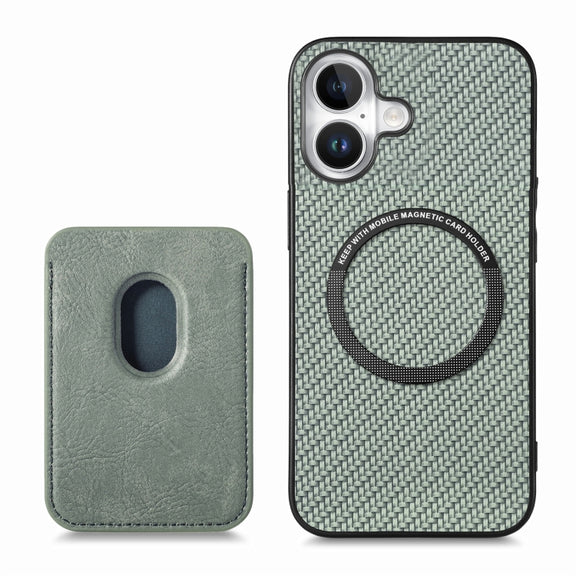 For iPhone 16 Carbon Fiber Leather Card Magsafe Phone Case(Green)