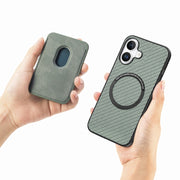 For iPhone 16 Carbon Fiber Leather Card Magsafe Phone Case(Green)