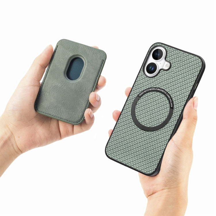 For iPhone 16 Carbon Fiber Leather Card Magsafe Phone Case(Green)