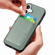 For iPhone 16 Carbon Fiber Leather Card Magsafe Phone Case(Green)
