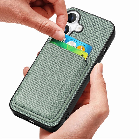 For iPhone 16 Carbon Fiber Leather Card Magsafe Phone Case(Green)