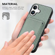 For iPhone 16 Carbon Fiber Leather Card Magsafe Phone Case(Green)