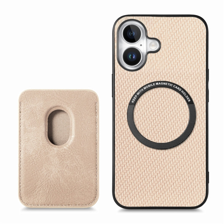 For iPhone 16 Carbon Fiber Leather Card Magsafe Phone Case(Khaki)