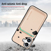 For iPhone 16 Carbon Fiber Leather Card Magsafe Phone Case(Khaki)