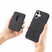 For iPhone 16 Plus Carbon Fiber Leather Card Magsafe Phone Case(Black)
