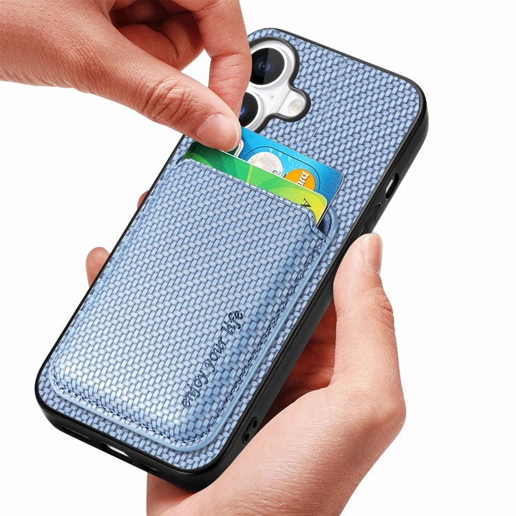 For iPhone 16 Plus Carbon Fiber Leather Card Magsafe Phone Case(Blue)
