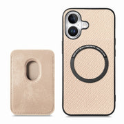 For iPhone 16 Plus Carbon Fiber Leather Card Magsafe Phone Case(Khaki)