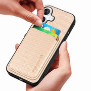 For iPhone 16 Plus Carbon Fiber Leather Card Magsafe Phone Case(Khaki)