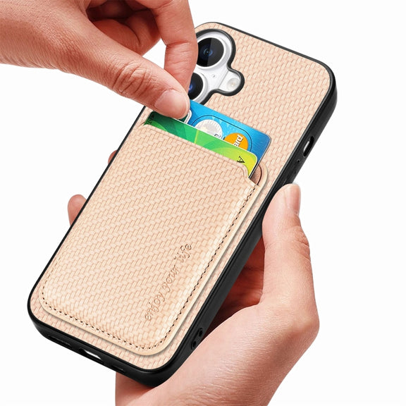 For iPhone 16 Plus Carbon Fiber Leather Card Magsafe Phone Case(Khaki)
