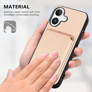 For iPhone 16 Plus Carbon Fiber Leather Card Magsafe Phone Case(Khaki)