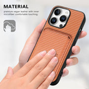 For iPhone 16 Pro Carbon Fiber Leather Card Magsafe Phone Case(Brown)