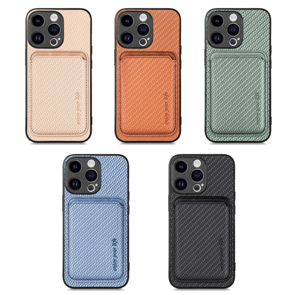 For iPhone 16 Pro Carbon Fiber Leather Card Magsafe Phone Case(Brown)