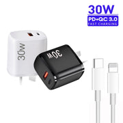 PD30W USB-C / Type-C + QC3.0 USB Charger with 1m Type-C to 8 Pin Data Cable, AU Plug(Black)