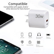 PD30W USB-C / Type-C + QC3.0 USB Charger with 1m USB to 8 Pin Data Cable, AU Plug(Black)