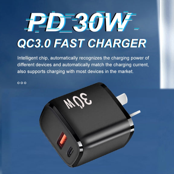 PD30W USB-C / Type-C + QC3.0 USB Charger with 1m USB to 8 Pin Data Cable, AU Plug(Black)