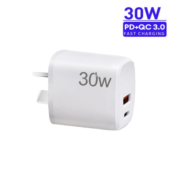 PD30W USB-C / Type-C + QC3.0 USB Charger with 1m USB to Type-C Data Cable, AU Plug(White)