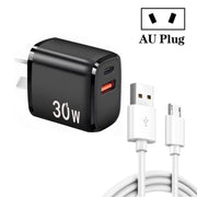 PD30W USB-C / Type-C + QC3.0 USB Charger with 1m USB to Micro USB Data Cable, AU Plug(Black)
