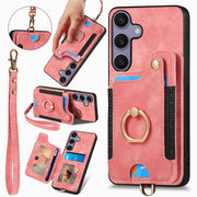 For Samsung Galaxy S25 5G Retro Skin-feel Ring Multi-card Wallet Phone Case(Pink)