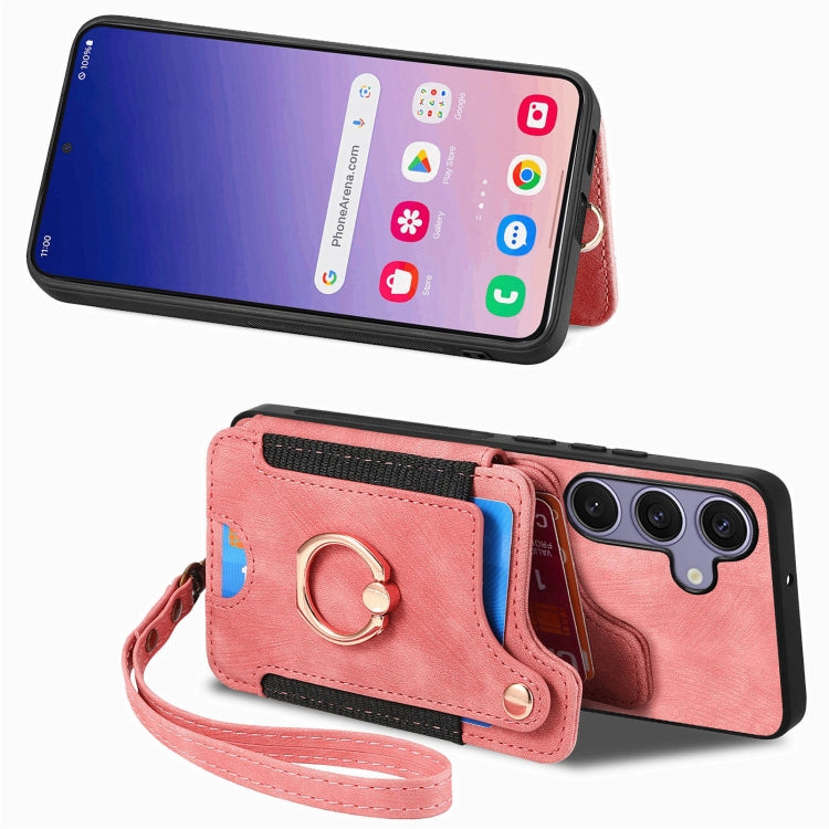 For Samsung Galaxy S25 5G Retro Skin-feel Ring Multi-card Wallet Phone Case(Pink)