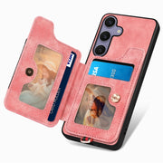 For Samsung Galaxy S25 5G Retro Skin-feel Ring Multi-card Wallet Phone Case(Pink)
