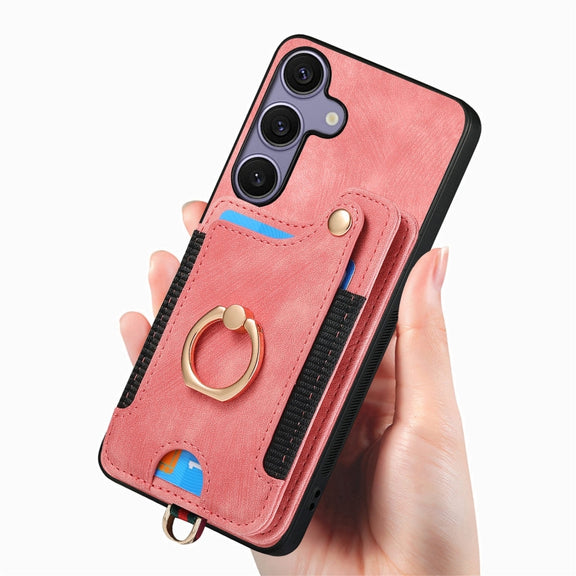 For Samsung Galaxy S25 5G Retro Skin-feel Ring Multi-card Wallet Phone Case(Pink)