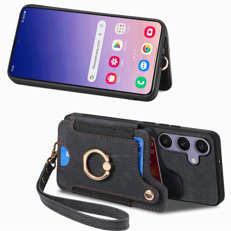 For Samsung Galaxy S25 5G Retro Skin-feel Ring Multi-card Wallet Phone Case(Black) - Galaxy S25 5G Cases by PMC TechLife | Online Shopping South Africa | PMC TechLife | Buy Now Pay Later Mobicred