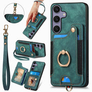 For Samsung Galaxy S25 5G Retro Skin-feel Ring Multi-card Wallet Phone Case(Green)