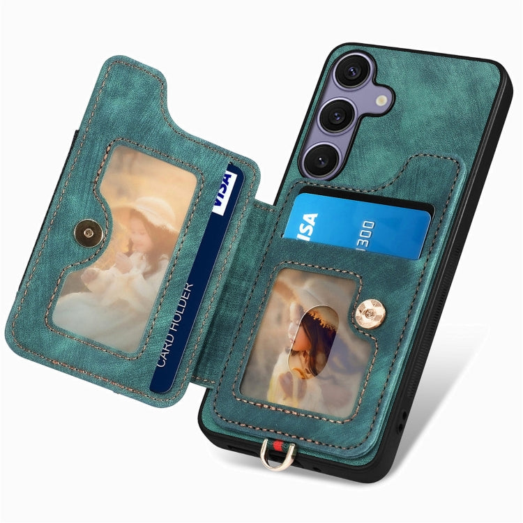 For Samsung Galaxy S25 5G Retro Skin-feel Ring Multi-card Wallet Phone Case(Green) - Galaxy S25 5G Cases by PMC TechLife | Online Shopping South Africa | PMC TechLife | Buy Now Pay Later Mobicred