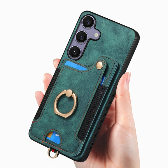 For Samsung Galaxy S25 5G Retro Skin-feel Ring Multi-card Wallet Phone Case(Green)