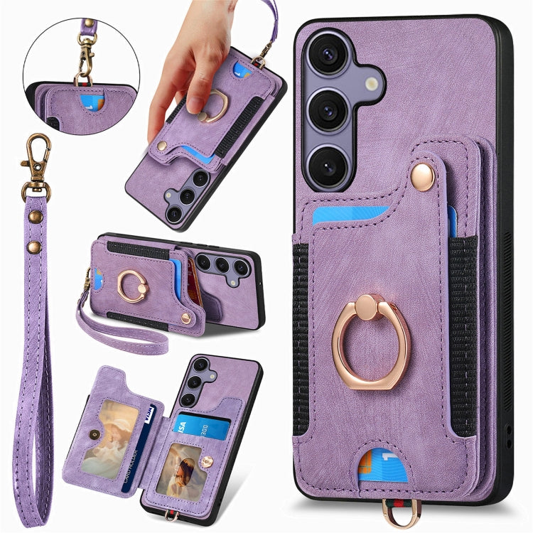 For Samsung Galaxy S25 5G Retro Skin-feel Ring Multi-card Wallet Phone Case(Purple) - Galaxy S25 5G Cases by PMC TechLife | Online Shopping South Africa | PMC TechLife | Buy Now Pay Later Mobicred