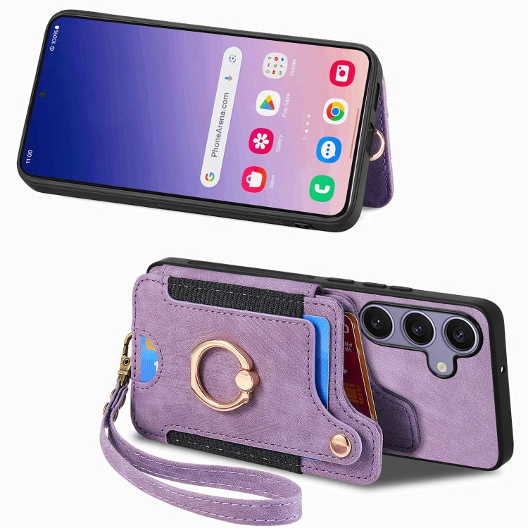 For Samsung Galaxy S25 5G Retro Skin-feel Ring Multi-card Wallet Phone Case(Purple) - Galaxy S25 5G Cases by PMC TechLife | Online Shopping South Africa | PMC TechLife | Buy Now Pay Later Mobicred