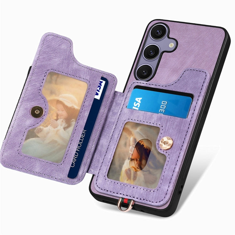 For Samsung Galaxy S25 5G Retro Skin-feel Ring Multi-card Wallet Phone Case(Purple) - Galaxy S25 5G Cases by PMC TechLife | Online Shopping South Africa | PMC TechLife | Buy Now Pay Later Mobicred