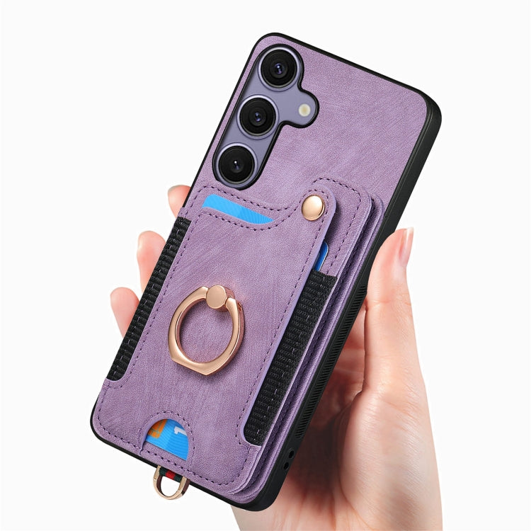 For Samsung Galaxy S25 5G Retro Skin-feel Ring Multi-card Wallet Phone Case(Purple) - Galaxy S25 5G Cases by PMC TechLife | Online Shopping South Africa | PMC TechLife | Buy Now Pay Later Mobicred