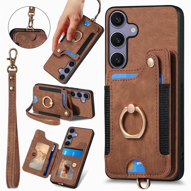 For Samsung Galaxy S25 5G Retro Skin-feel Ring Multi-card Wallet Phone Case(Brown) - Galaxy S25 5G Cases by PMC TechLife | Online Shopping South Africa | PMC TechLife | Buy Now Pay Later Mobicred
