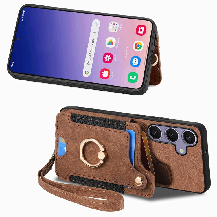 For Samsung Galaxy S25 5G Retro Skin-feel Ring Multi-card Wallet Phone Case(Brown) - Galaxy S25 5G Cases by PMC TechLife | Online Shopping South Africa | PMC TechLife | Buy Now Pay Later Mobicred