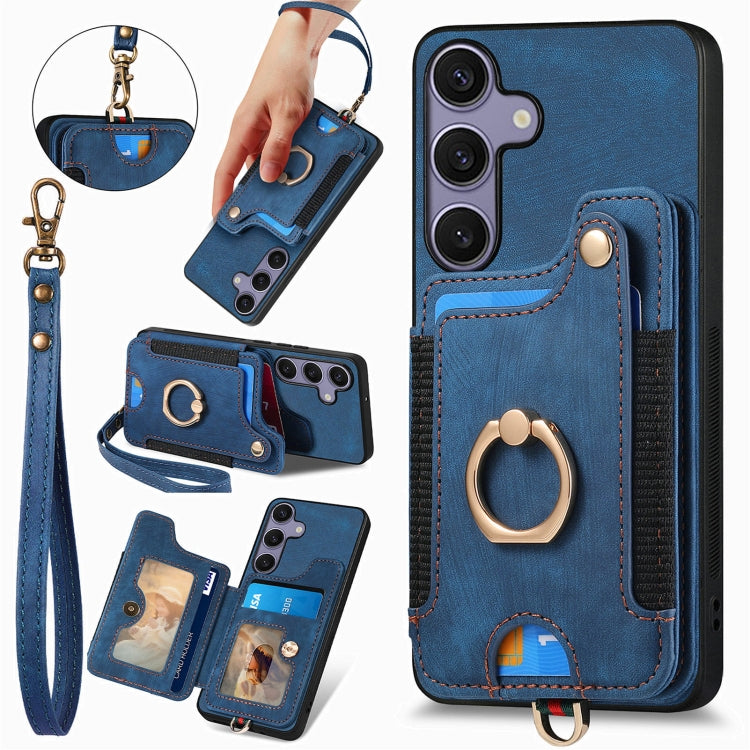 For Samsung Galaxy S25+ 5G Retro Skin-feel Ring Multi-card Wallet Phone Case(Blue) - Galaxy S25+ 5G Cases by PMC TechLife | Online Shopping South Africa | PMC TechLife | Buy Now Pay Later Mobicred