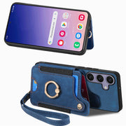 For Samsung Galaxy S25+ 5G Retro Skin-feel Ring Multi-card Wallet Phone Case(Blue)