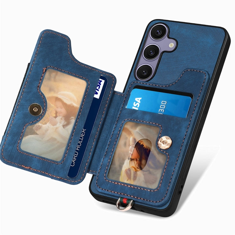 For Samsung Galaxy S25+ 5G Retro Skin-feel Ring Multi-card Wallet Phone Case(Blue) - Galaxy S25+ 5G Cases by PMC TechLife | Online Shopping South Africa | PMC TechLife | Buy Now Pay Later Mobicred