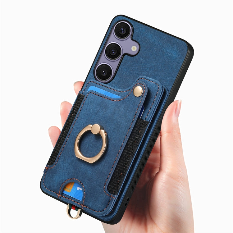 For Samsung Galaxy S25+ 5G Retro Skin-feel Ring Multi-card Wallet Phone Case(Blue) - Galaxy S25+ 5G Cases by PMC TechLife | Online Shopping South Africa | PMC TechLife | Buy Now Pay Later Mobicred