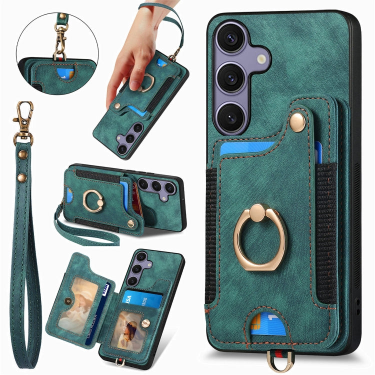 For Samsung Galaxy S25+ 5G Retro Skin-feel Ring Multi-card Wallet Phone Case(Green) - Galaxy S25+ 5G Cases by PMC TechLife | Online Shopping South Africa | PMC TechLife | Buy Now Pay Later Mobicred