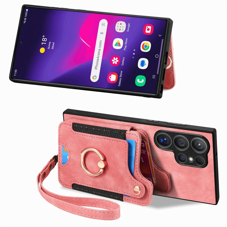 For Samsung Galaxy S25 Ultra 5G Retro Skin-feel Ring Multi-card Wallet Phone Case(Pink) - free shipping - PMC TechLife - Order now!