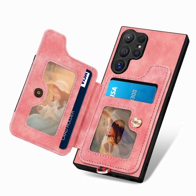 For Samsung Galaxy S25 Ultra 5G Retro Skin-feel Ring Multi-card Wallet Phone Case(Pink)